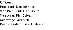 Text Box: Officers:President: Don JohnsonVice President: Fran WichtTreasurer: Phil ColozziSecretary: Karen HolPast President: Tim Hillebrand